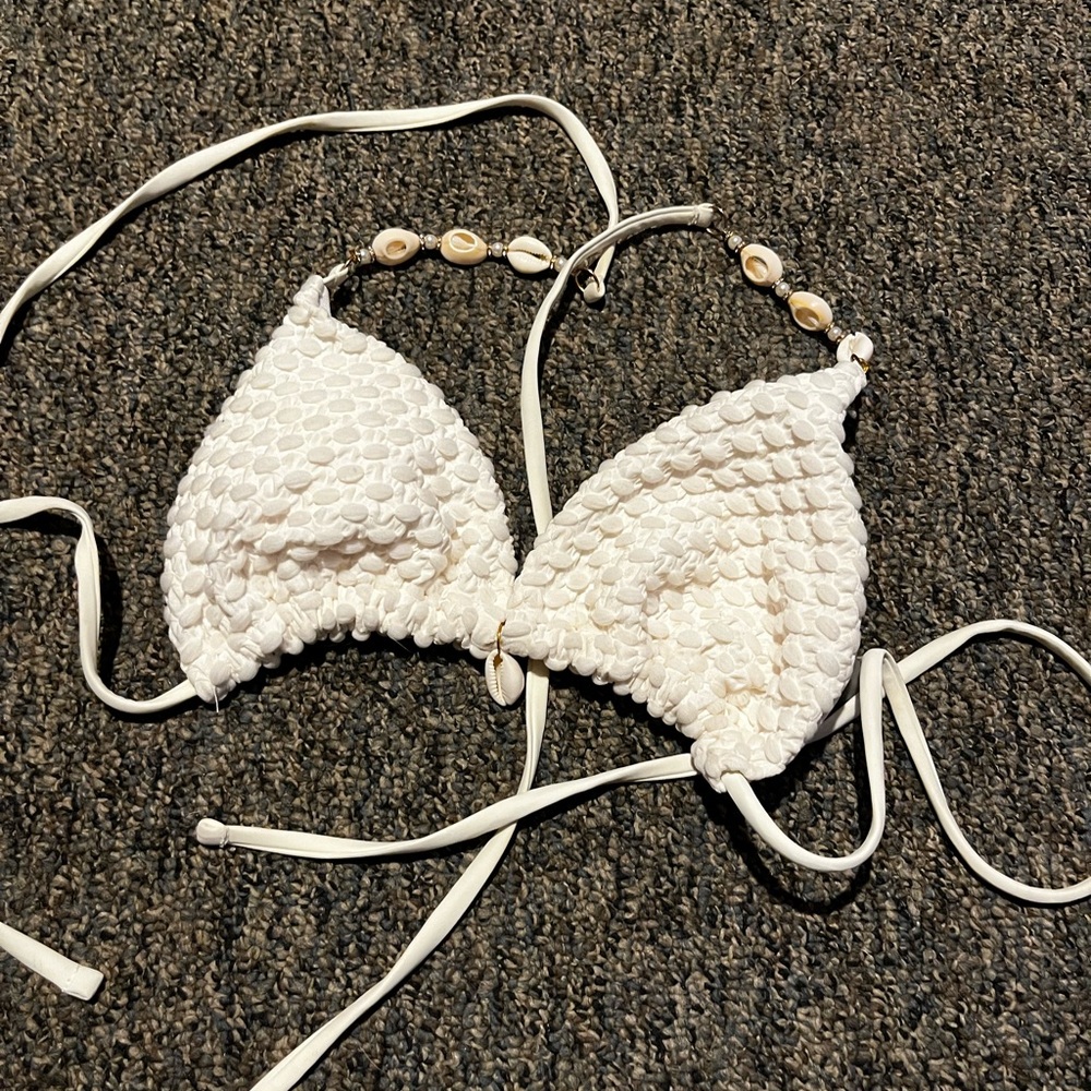 White Textured Bikini Top with Shell Accents